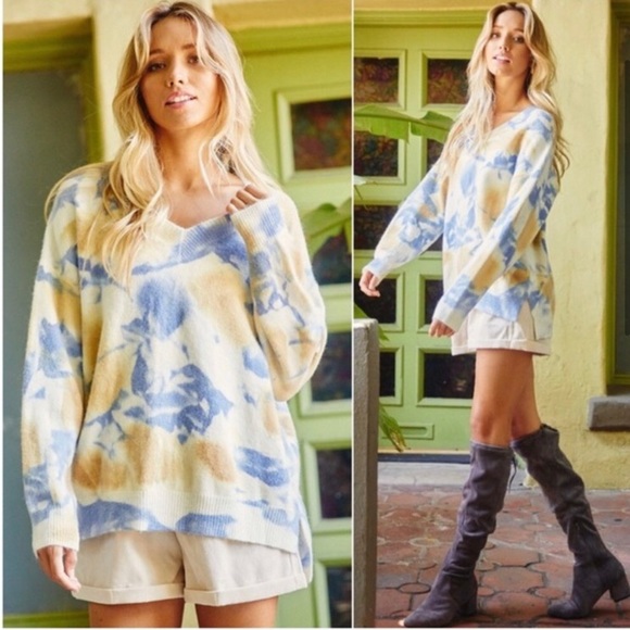 LAST ONE: Women’s cashmere feel soft tie dye v neck cozy warm sweater - Picture 2 of 6